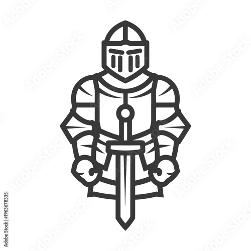 A strong medieval knight stands with a sword in full armor