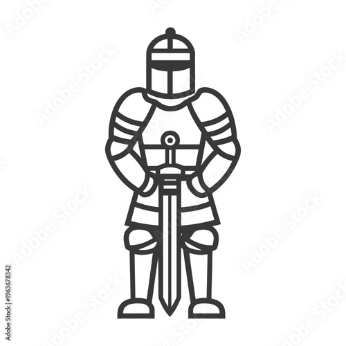 A fully armored knight holding a longsword standing upright in readiness
