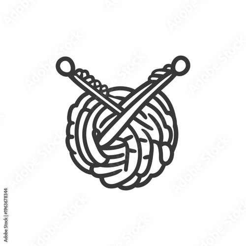 A ball of yarn with knitting needles crossed in front
