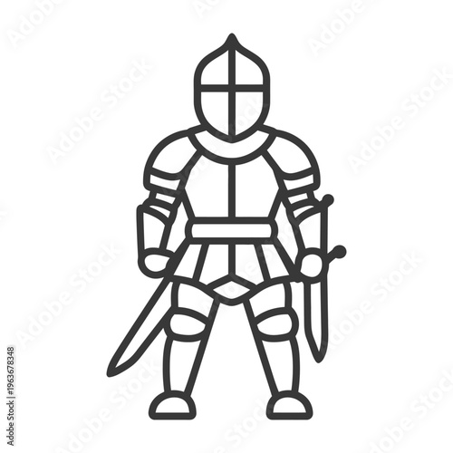 An armored medieval knight standing with two swords ready for battle