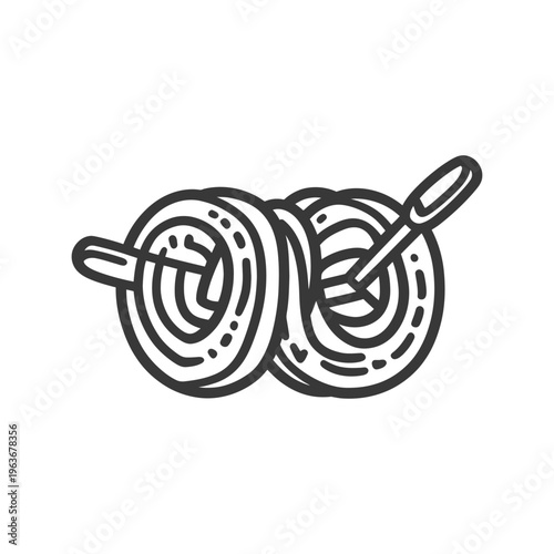 A black and white illustration of cooked spaghetti and utensil