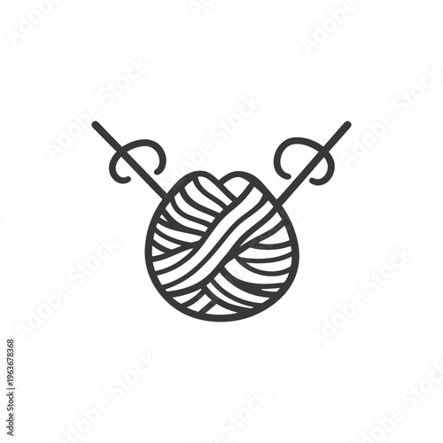 A minimalist black and white illustration of yarn and needles