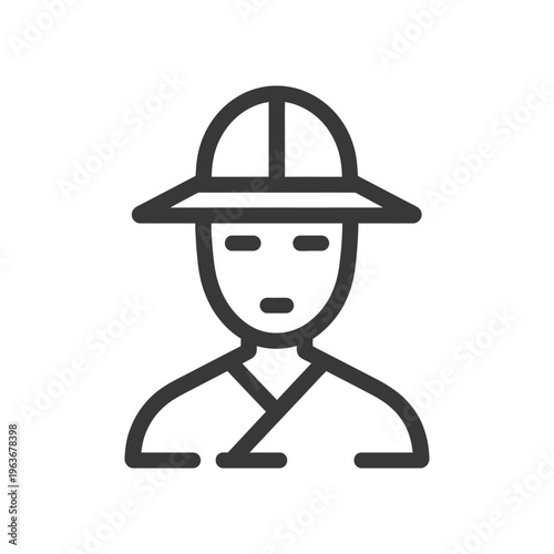A simplified graphic icon of a person with a wide brim hat