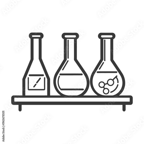 Three different laboratory flasks displayed on a shelf illustration