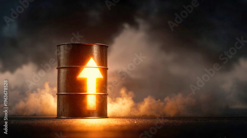 Barrel of oil with an upward-pointing arrow symbolizing the price increase.