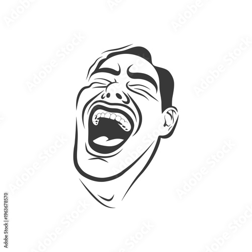 A graphic black and white illustration of a laughing person