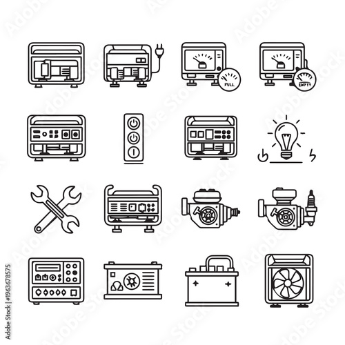 Portable Generators and Power Equipment Icons: Details Wrench Battery Lightbulb MeterLine Art
