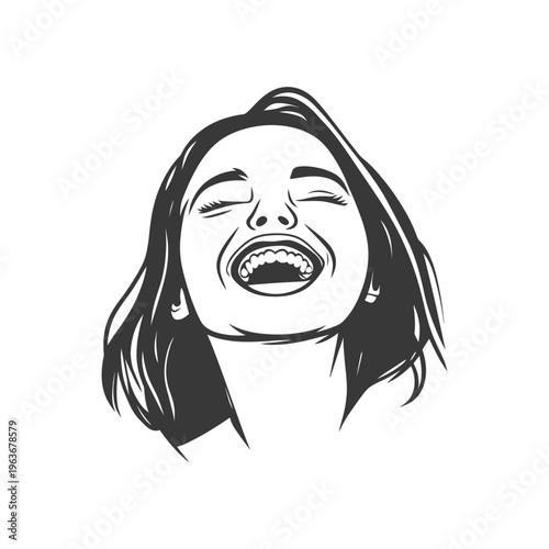 A portrait depicts a smiling woman with closed eyes and open mouth