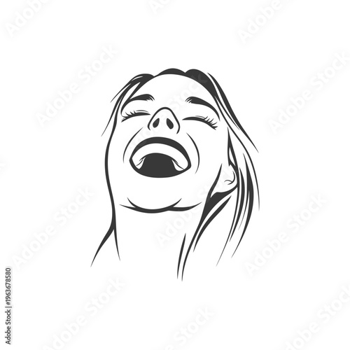 A black and white line drawing of a laughing woman