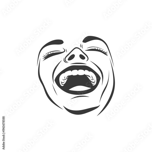 A monochrome illustration depicting a face mid expression of laughter