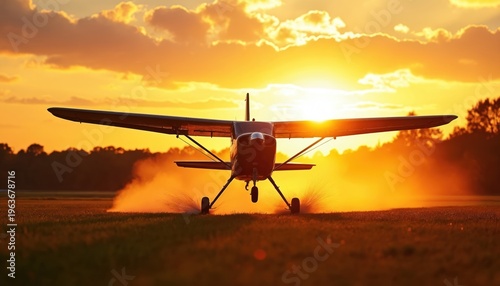 Small plane lands on grass runway at sunset kicking up dust. General aviation aircraft touches down on field. Pilot journey at dusk in warm sunlight.