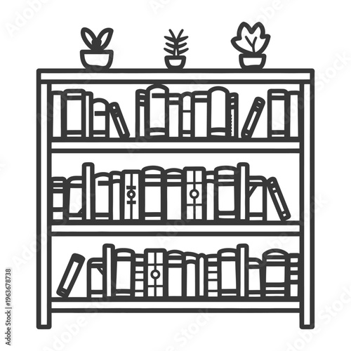 A simple outlined depiction of a bookcase with books and plants