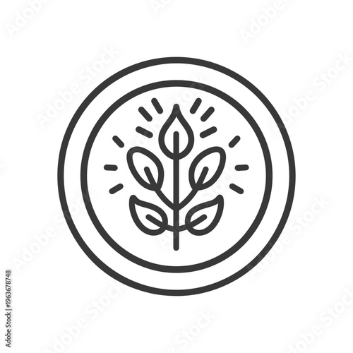 A simple outlined circular badge with plant leaves illustrated inside