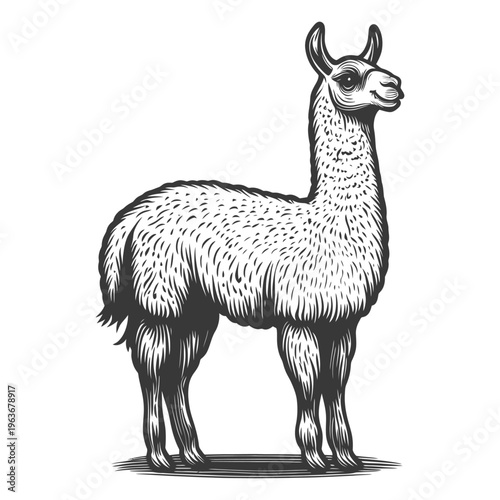 A detailed illustration depicting a standing llama animal in profile view