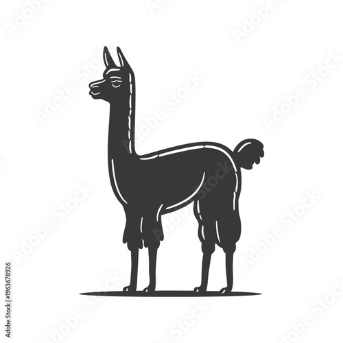 A monochrome silhouette of a standing llama creature on white