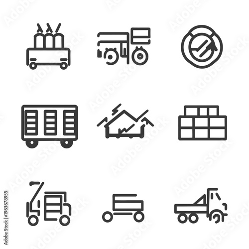 Collection of various line art icons depicting different transportation vehicles