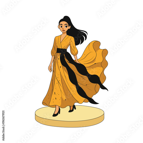 A digital illustration features a fashion design of a woman wearing a yellow dress and a black sash. 
