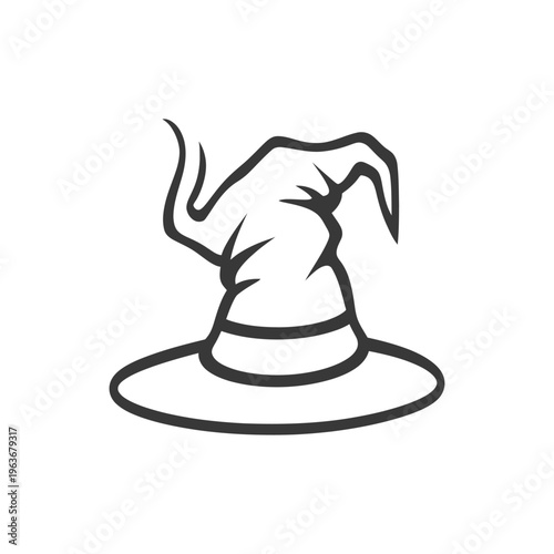 A stylized black and white illustration of a witchs hat