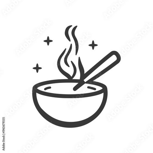 Simple black and white icon depicting a bowl of soup steaming