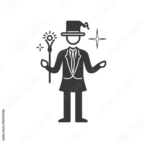 An illustration depicting a magician with a wand and hat