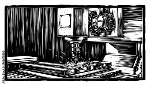 Industrial CNC milling machine cutting metal part in vintage linocut woodcut style