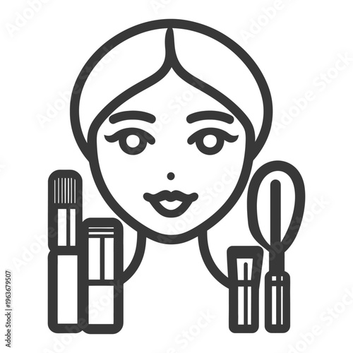 A stylized portrait of a woman with makeup tools