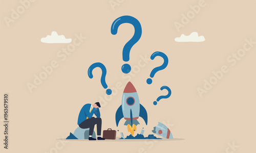 Fail business unexpected entrepreneur bankruptcy concept, depressed businessman company owner sitting on crash launching space rocket metaphor of new business failure