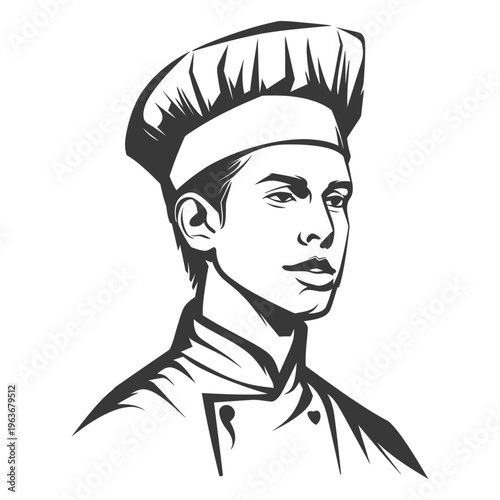 A portrait illustration featuring a chef looking into the distance with a hat