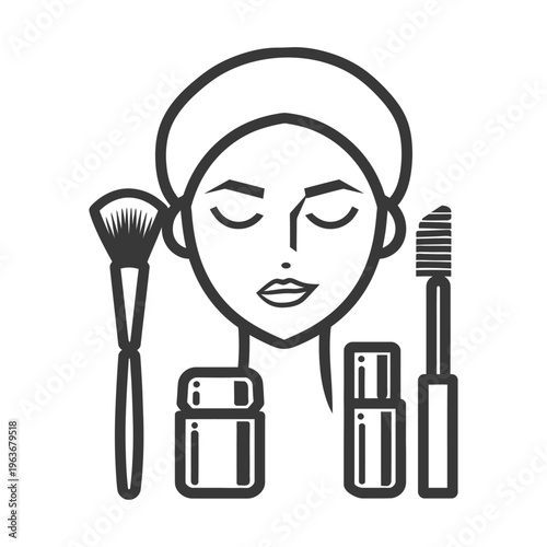 A minimalist illustration of a woman applying makeup to face