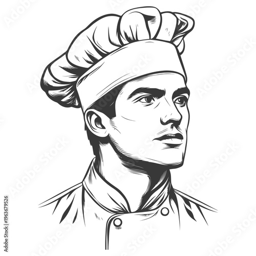 The artistic line drawing of a professional chef looking forward