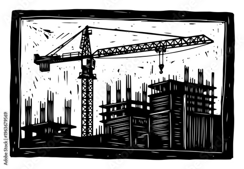 Construction site with heavy crane and building frame in linocut style