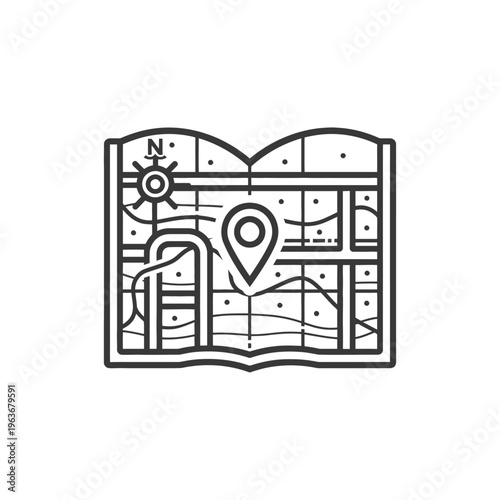 A detailed black and white map featuring a location marker