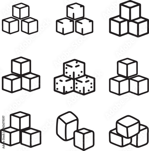 Minimalist Sugar Cube and Ice Cube Vector Icon Set, Black Outline Square Dice Symbols Isolated on White Background