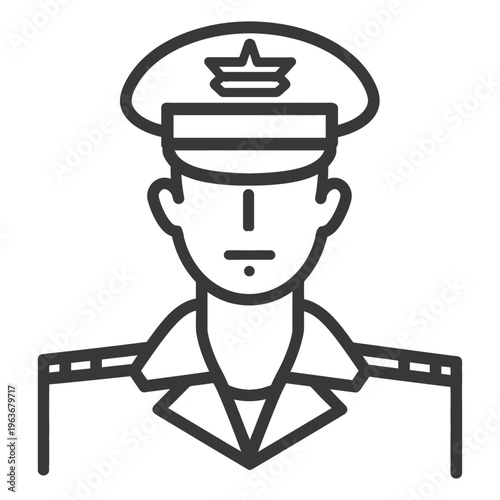 A simple line drawing depicting a person in a uniform and hat