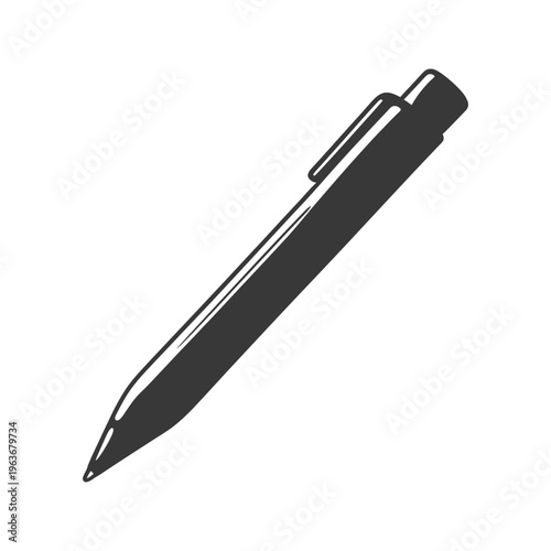 An isolated black ballpoint pen laying at a slight diagonal angle