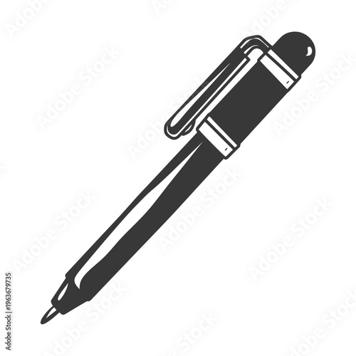 A single black and white illustration of a ballpoint pen
