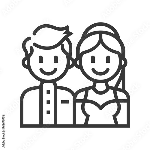An illustrated black and white image of a smiling couple