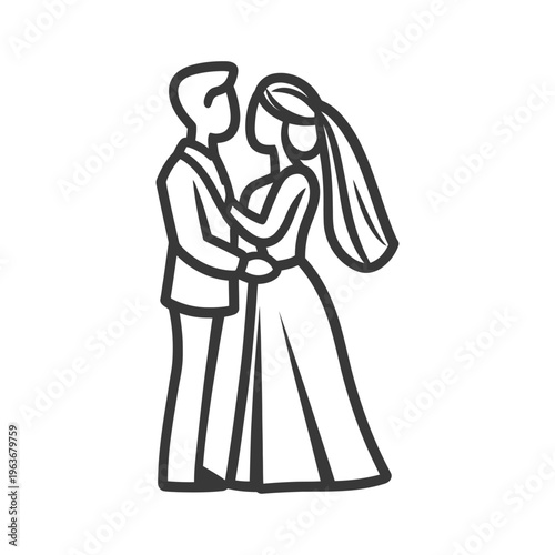 A newly wedded couple is standing close in embrace of love