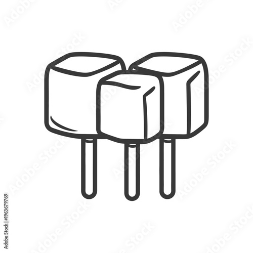 A schematic illustration depicts three small cuboid electrical components with pins