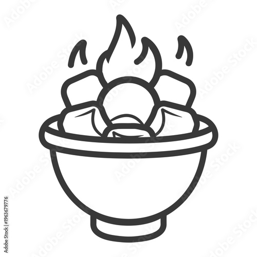 A bowl with stylized flames coming from above the contents