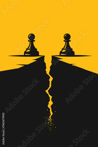 Chess pawns on edge of crack. Risk and decision concept.