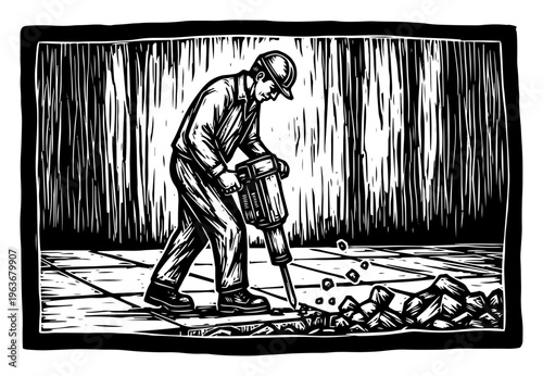 Construction worker using pneumatic jackhammer on concrete vintage linocut style
