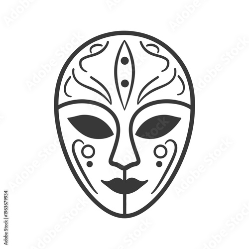 An ornate symmetrical face mask with decorative designs in black