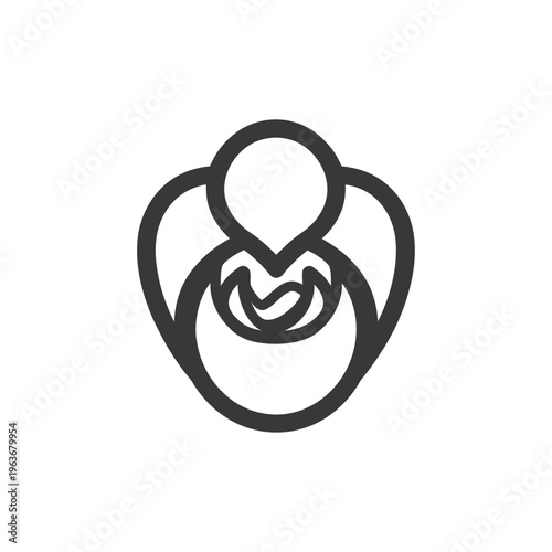 A stylized graphic depicting a form embracing a central motif