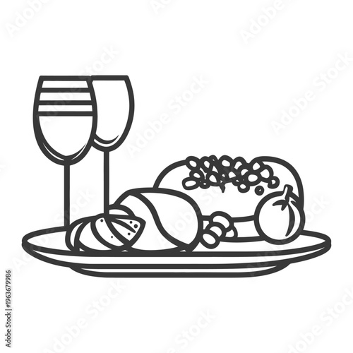 A still life illustration featuring food and drink on a plate