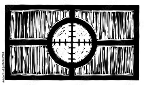 Sniper scope target crosshair view in hand drawn vintage linocut style
