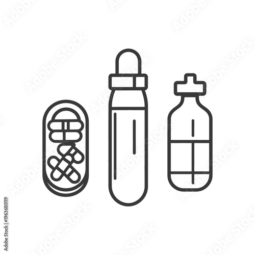 Illustrated medicines and containers for various medical applications are shown