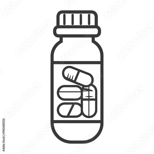 A black and white illustration depicting a medicine bottle