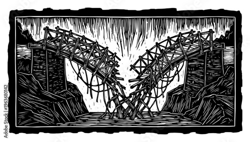 Destroyed and broken bridge over a river in dramatic linocut style