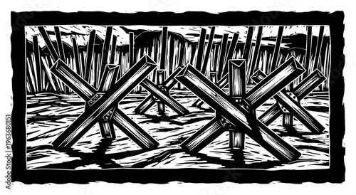 Military anti tank obstacles on a beach in vintage linocut style